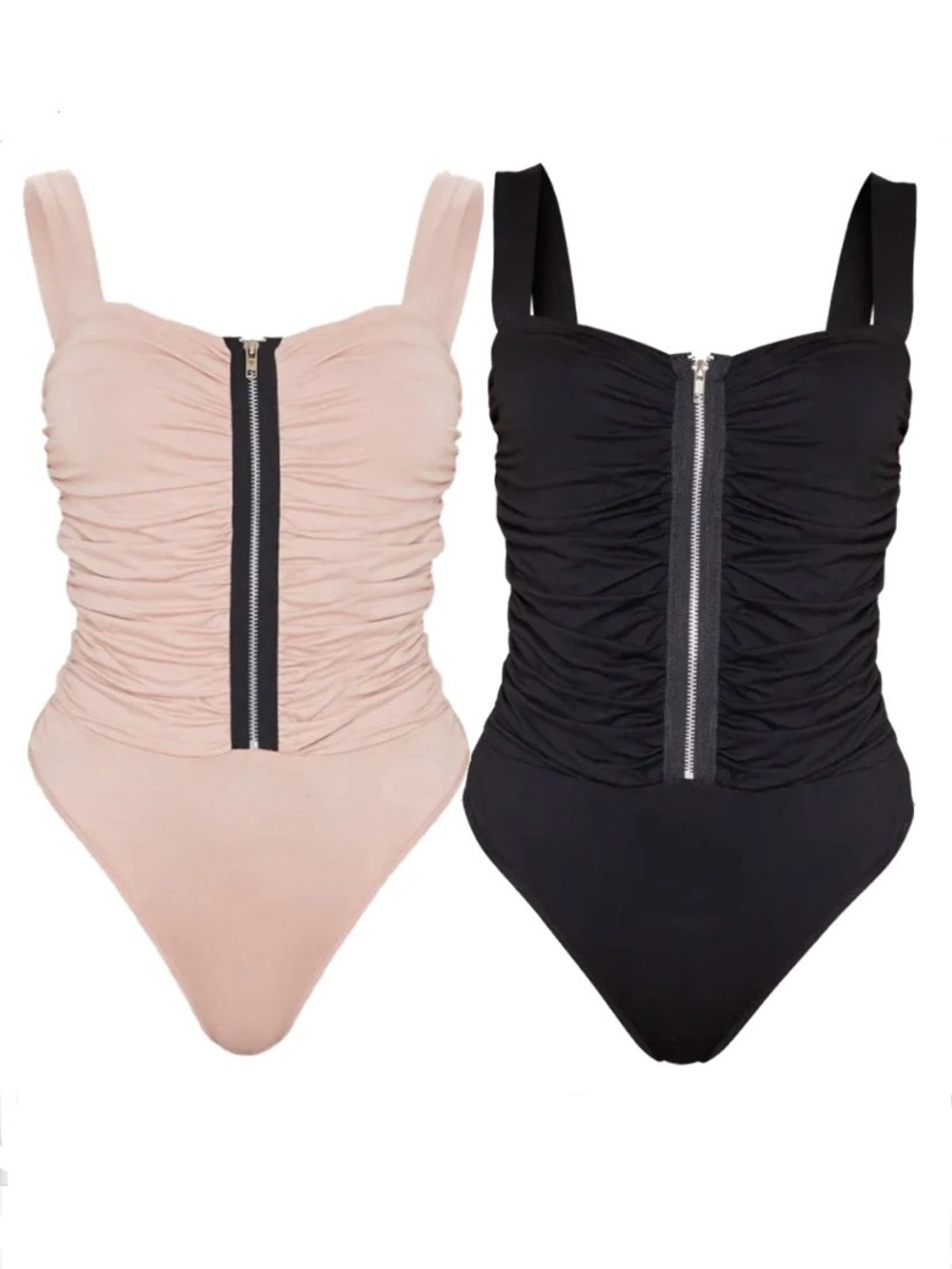 Ruched Zip Front One-Piece Bodysuits in Black & Beige
